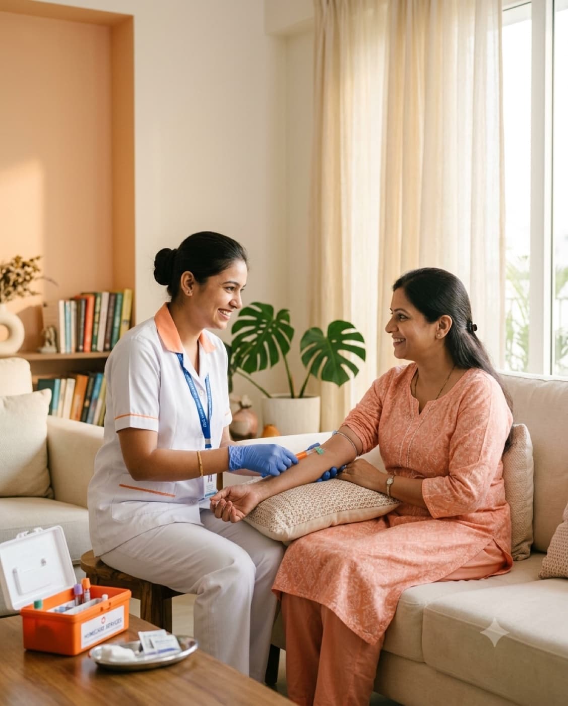 A certified phlebotomist collecting a home blood sample for a patient